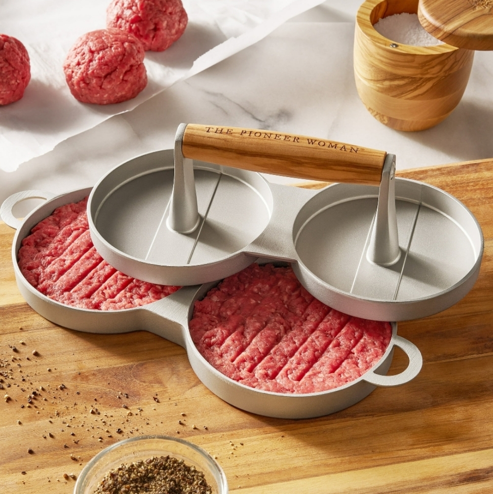 💜 New 2025 Pioneer Woman BBQ Double  Burger Press With Olivewood Handle